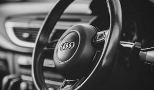 Preview wallpaper audi a7, audi, car, steering wheel, black and white