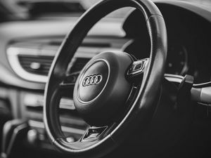 Preview wallpaper audi a7, audi, car, steering wheel, black and white