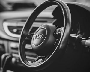 Preview wallpaper audi a7, audi, car, steering wheel, black and white