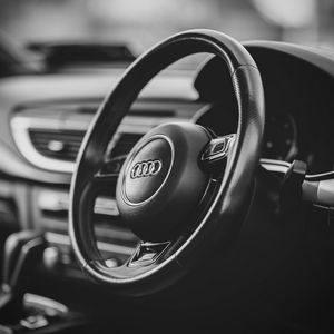 Preview wallpaper audi a7, audi, car, steering wheel, black and white