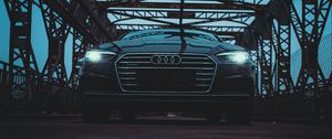 Preview wallpaper audi, car, black, bridge, road, reflection