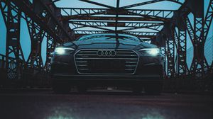 Preview wallpaper audi, car, black, bridge, road, reflection