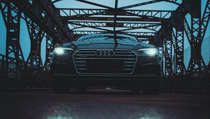 Preview wallpaper audi, car, black, bridge, road, reflection