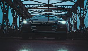 Preview wallpaper audi, car, black, bridge, road, reflection