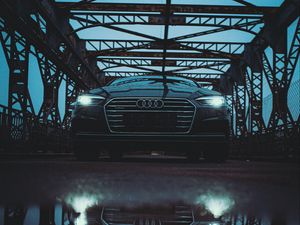 Preview wallpaper audi, car, black, bridge, road, reflection