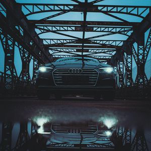 Preview wallpaper audi, car, black, bridge, road, reflection