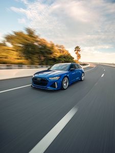 Preview wallpaper audi, car, blue, road, speed