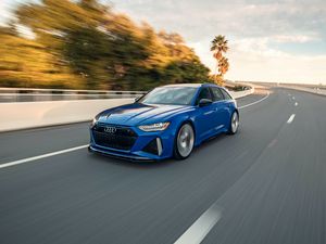 Preview wallpaper audi, car, blue, road, speed
