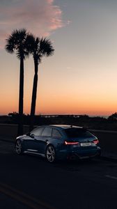 Preview wallpaper audi, car, blue, road, dusk, palm trees