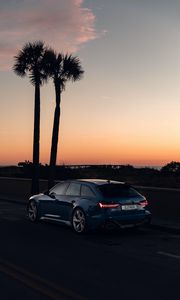 Preview wallpaper audi, car, blue, road, dusk, palm trees