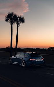 Preview wallpaper audi, car, blue, road, dusk, palm trees