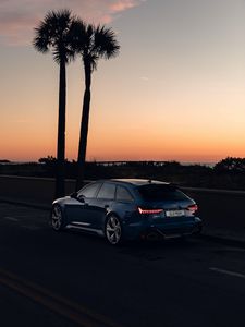 Preview wallpaper audi, car, blue, road, dusk, palm trees