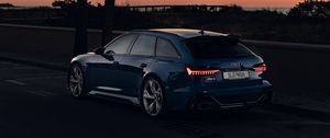 Preview wallpaper audi, car, blue, road, dusk, palm trees