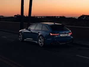 Preview wallpaper audi, car, blue, road, dusk, palm trees