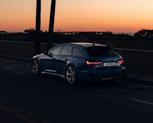 Preview wallpaper audi, car, blue, road, dusk, palm trees