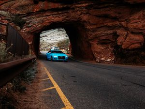 Preview wallpaper audi, car, blue, road, tunnel