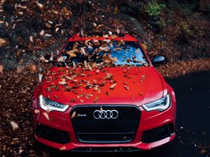 Preview wallpaper audi, car, front view, red, bumper, foliage, autumn