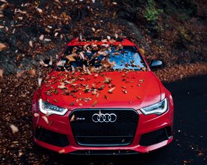 Preview wallpaper audi, car, front view, red, bumper, foliage, autumn