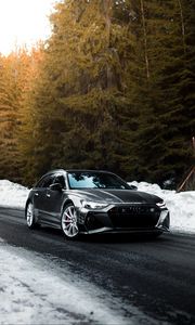 Preview wallpaper audi, car, gray, speed, road, snow, winter