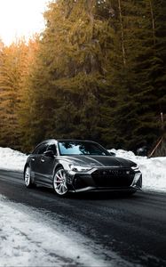 Preview wallpaper audi, car, gray, speed, road, snow, winter
