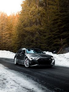 Preview wallpaper audi, car, gray, speed, road, snow, winter