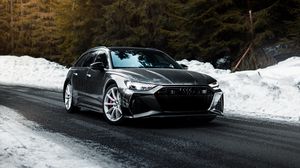 Preview wallpaper audi, car, gray, speed, road, snow, winter