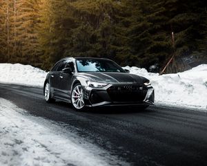 Preview wallpaper audi, car, gray, speed, road, snow, winter