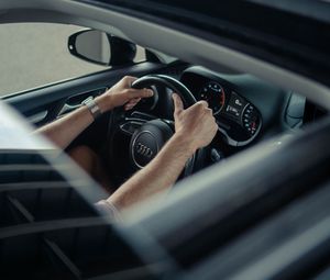 Preview wallpaper audi, car, hands, steering wheel