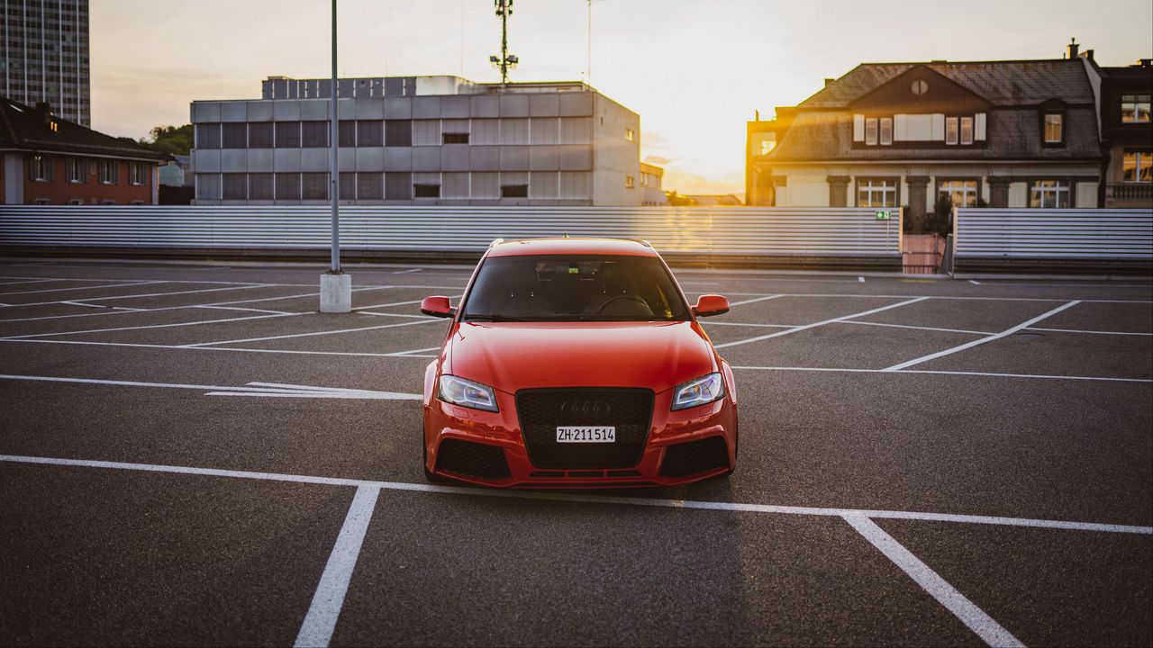 Wallpaper ауди, car, red, front view, parking, sunset