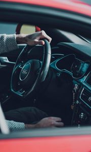 Preview wallpaper audi, car, steering wheel, hands