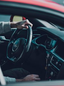 Preview wallpaper audi, car, steering wheel, hands