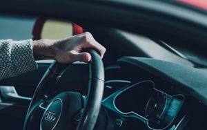 Preview wallpaper audi, car, steering wheel, hands