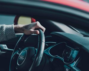 Preview wallpaper audi, car, steering wheel, hands