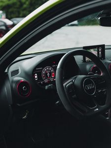 Preview wallpaper audi, car, steering wheel, speedometer, interior