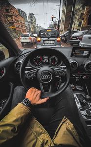 Preview wallpaper audi, car, steering wheel, view