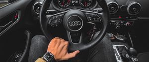 Preview wallpaper audi, car, steering wheel, view
