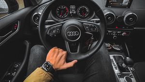 Preview wallpaper audi, car, steering wheel, view