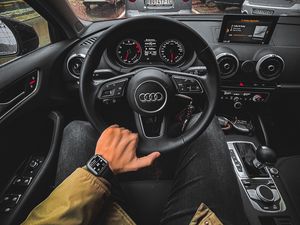 Preview wallpaper audi, car, steering wheel, view