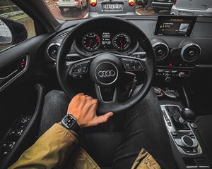 Preview wallpaper audi, car, steering wheel, view