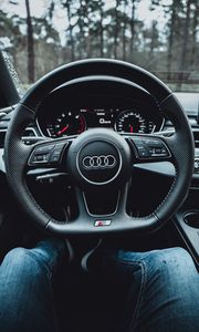 Preview wallpaper audi, car, steering wheel, salon, driver