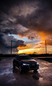 Preview wallpaper audi, car, sunset, overcast