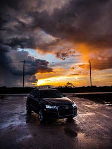 Preview wallpaper audi, car, sunset, overcast