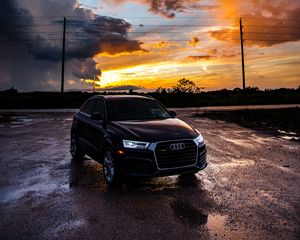 Preview wallpaper audi, car, sunset, overcast