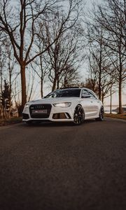 Preview wallpaper audi, car, white, road, trees