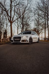 Preview wallpaper audi, car, white, road, trees