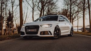 Preview wallpaper audi, car, white, road, trees