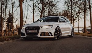 Preview wallpaper audi, car, white, road, trees