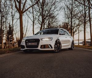 Preview wallpaper audi, car, white, road, trees