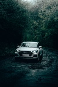 Preview wallpaper audi, car, white, road, rain