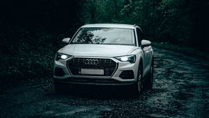 Preview wallpaper audi, car, white, road, rain